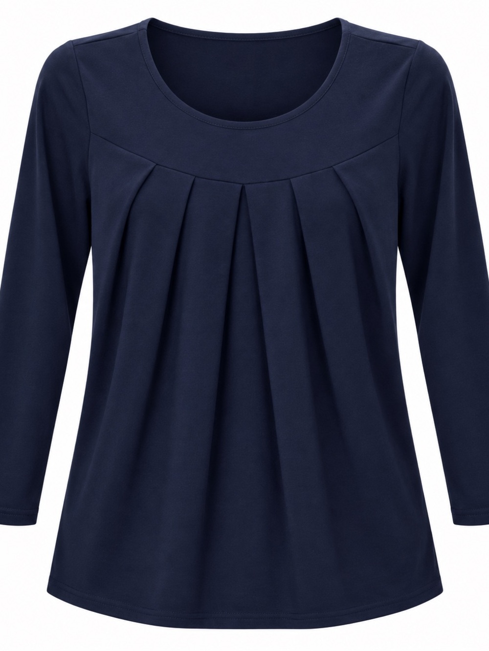 Pleated Scoop Neck Long Sleeve Top - Navy